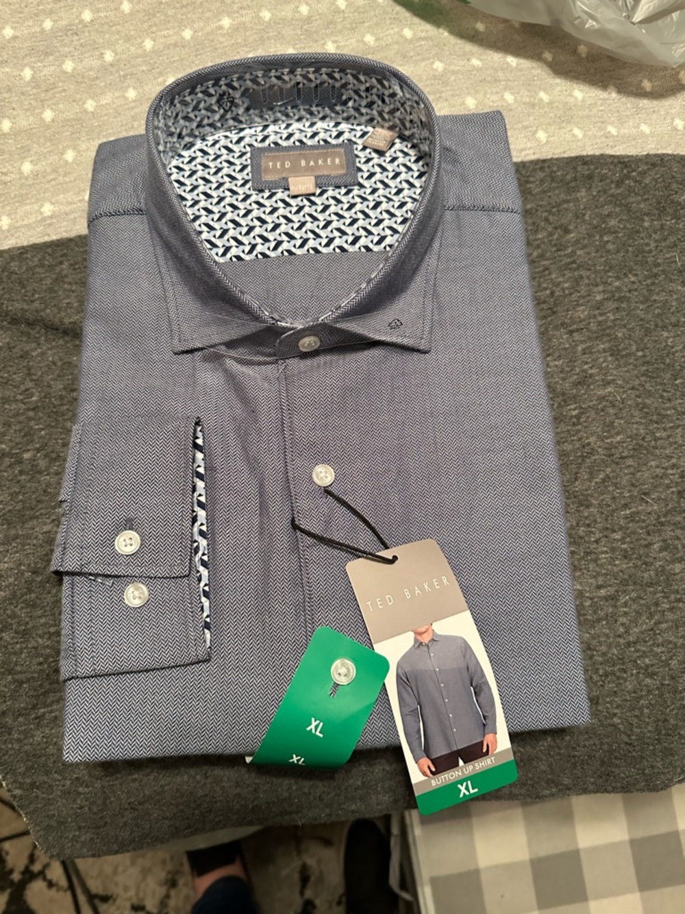 Ted Baker Men's Gray-Blue Herringbone Dress Shirt with Patterned Trim